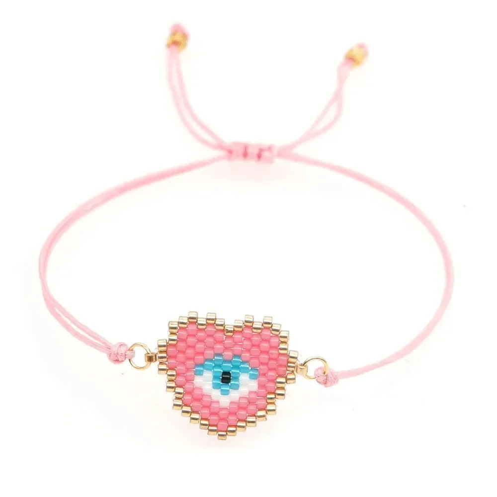 Miyuki Delica Pink Heart Shaped Evil Eye Seed Bead Bracelet